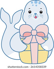 Cute Seal vector icon. Funny baby Seal animal series stock illustration. Life of fluffy Seal designs.
baby seal bring a gift box
