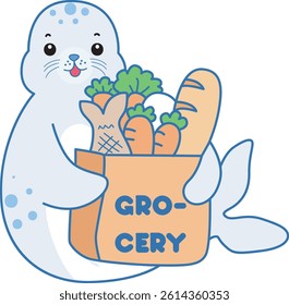 Cute Seal vector icon. Funny baby Seal animal series stock illustration. Life of fluffy Seal designs.
baby seal bring a grocery bag