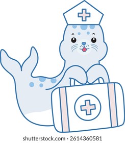 Cute Seal vector icon. Funny baby Seal animal series stock illustration. Life of fluffy Seal designs.
baby seal bring a first aid kit