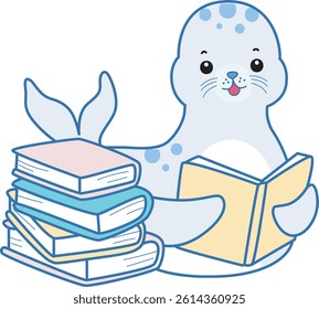 Cute Seal vector icon. Funny baby Seal animal series stock illustration. Life of fluffy Seal designs.
baby seal reading a book
