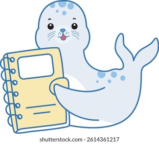 Cute Seal vector icon. Funny baby Seal animal series stock illustration. Life of fluffy Seal designs.
baby seal bring a notebook
