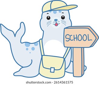 Cute Seal vector icon. Funny baby Seal animal series stock illustration. Life of fluffy Seal designs.
baby seal want to school
