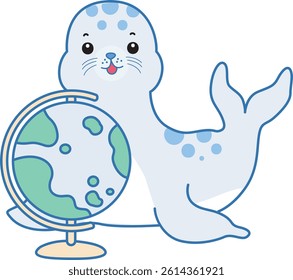 Cute Seal vector icon. Funny baby Seal animal series stock illustration. Life of fluffy Seal designs.
baby seal bring a globe
