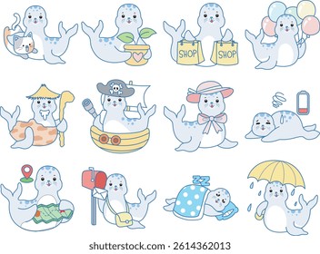 Cute Seal vector icon. Funny baby Seal animal series stock illustration. Life of fluffy Seal designs.
baby seal in the variation of activity daily life