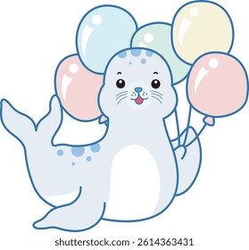 Cute Seal vector icon. Funny baby Seal animal series stock illustration. Life of fluffy Seal designs.
baby seal bring a lot of balloons
