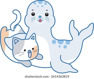 Cute Seal vector icon. Funny baby Seal animal series stock illustration. Life of fluffy Seal designs.
baby seal with kitty
