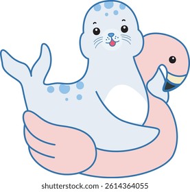 Cute Seal vector icon. Funny baby Seal animal series stock illustration. Life of fluffy Seal designs.
baby seal in the middle of flamingo tire