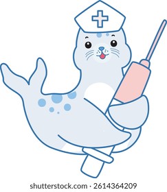 Cute Seal vector icon. Funny baby Seal animal series stock illustration. Life of fluffy Seal designs.
baby seal bring a syringe