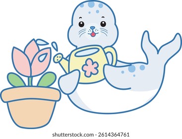Cute Seal vector icon. Funny baby Seal animal series stock illustration. Life of fluffy Seal designs.
baby seal watering a plants
