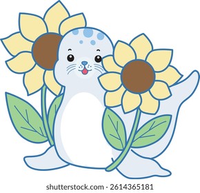 Cute Seal vector icon. Funny baby Seal animal series stock illustration. Life of fluffy Seal designs.
baby seal with sunflower

