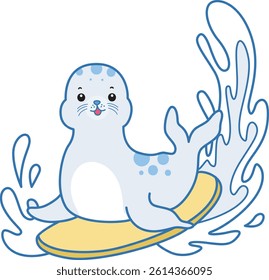 Cute Seal vector icon. Funny baby Seal animal series stock illustration. Life of fluffy Seal designs.
baby seal playing a surfing
