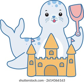 Cute Seal vector icon. Funny baby Seal animal series stock illustration. Life of fluffy Seal designs.
baby seal making a sand castle

