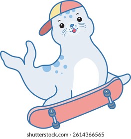 Cute Seal vector icon. Funny baby Seal animal series stock illustration. Life of fluffy Seal designs.
baby seal playing a skateboard

