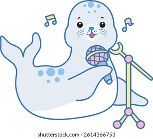Cute Seal vector icon. Funny baby Seal animal series stock illustration. Life of fluffy Seal designs.
baby seal sing a song with microphone