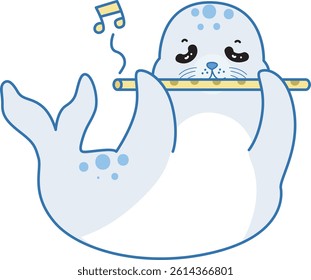 Cute Seal vector icon. Funny baby Seal animal series stock illustration. Life of fluffy Seal designs.
baby seal playing a flute

