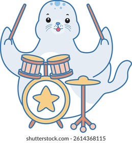 Cute Seal vector icon. Funny baby Seal animal series stock illustration. Life of fluffy Seal designs.
baby seal playing a drum