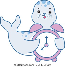 Cute Seal vector icon. Funny baby Seal animal series stock illustration. Life of fluffy Seal designs.
baby seal bring an alarm clock
