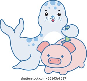 Cute Seal vector icon. Funny baby Seal animal series stock illustration. Life of fluffy Seal designs.
baby seal with Piggy bank
