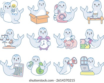 Cute Seal vector icon. Funny baby Seal animal series stock illustration. Life of fluffy Seal designs.
baby seal with variation of money and finance