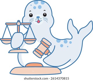 Cute Seal vector icon. Funny baby Seal animal series stock illustration. Life of fluffy Seal designs.
baby seal bring a scales and hammer
