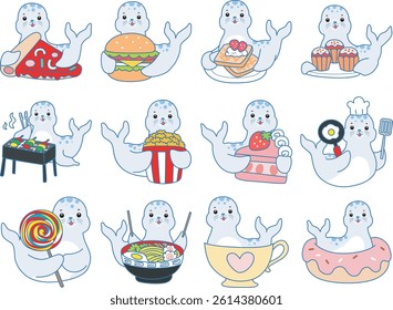Cute Seal vector icon. Funny baby Seal animal series stock illustration. Life of fluffy Seal designs.
baby Halloween in the variation of food