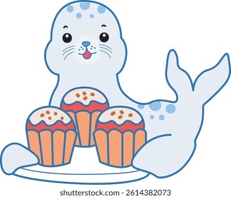 Cute Seal vector icon. Funny baby Seal animal series stock illustration. Life of fluffy Seal designs.
baby seal bring a three of cupcakes
