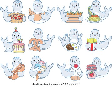 Cute Seal vector icon. Funny baby Seal animal series stock illustration. Life of fluffy Seal designs.
baby seal in the variation of dessert and snack