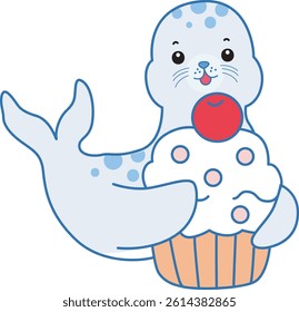 Cute Seal vector icon. Funny baby Seal animal series stock illustration. Life of fluffy Seal designs.
baby seal bring a strawberry cupcake with Cherry
