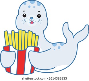 Cute Seal vector icon. Funny baby Seal animal series stock illustration. Life of fluffy Seal designs.
baby seal bring a french fries
