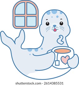 Cute Seal vector icon. Funny baby Seal animal series stock illustration. Life of fluffy Seal designs.
baby seal bring a hot tea