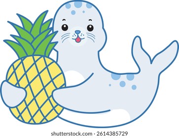Cute Seal vector icon. Funny baby Seal animal series stock illustration. Life of fluffy Seal designs.
baby seal bring a pineapple