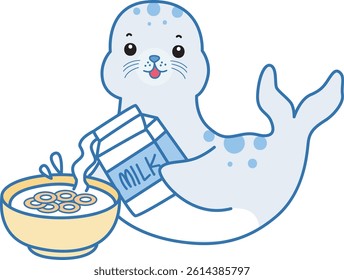 Cute Seal vector icon. Funny baby Seal animal series stock illustration. Life of fluffy Seal designs.
baby seal pouring a milk into cereal
