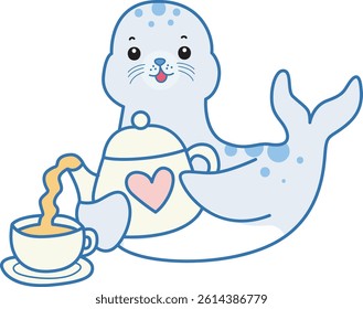 Cute Seal vector icon. Funny baby Seal animal series stock illustration. Life of fluffy Seal designs.
baby seal pouring a tea into cup
