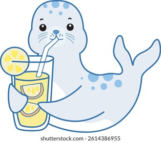 Cute Seal vector icon. Funny baby Seal animal series stock illustration. Life of fluffy Seal designs.
baby seal drinking an orange juice
