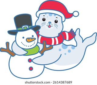 Cute Seal vector icon. Funny baby Seal animal series stock illustration. Life of fluffy Seal designs.
baby seal hugging a snowman
