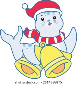 Cute Seal vector icon. Funny baby Seal animal series stock illustration. Life of fluffy Seal designs.
baby Santa seal bring a bells