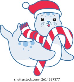 Cute Seal vector icon. Funny baby Seal animal series stock illustration. Life of fluffy Seal designs.
baby seal bring a Christmas stick
