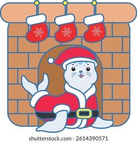 Cute Seal vector icon. Funny baby Seal animal series stock illustration. Life of fluffy Seal designs.
baby Santa seal arrive in the fire place