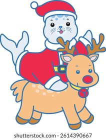Cute Seal vector icon. Funny baby Seal animal series stock illustration. Life of fluffy Seal designs.
baby Santa seal riding a reindeer