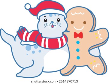 Cute Seal vector icon. Funny baby Seal animal series stock illustration. Life of fluffy Seal designs.
baby Santa seal with ginger bread
