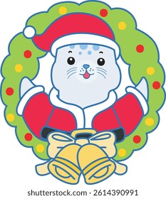 Cute Seal vector icon. Funny baby Seal animal series stock illustration. Life of fluffy Seal designs.
baby Santa seal with door decoration
