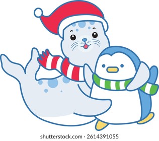 Cute Seal vector icon. Funny baby Seal animal series stock illustration. Life of fluffy Seal designs.
baby Santa seal with penguin

