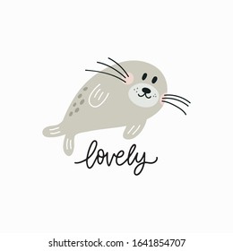 Cute seal vector illustration. Vector print ideal for baby texil and posters.