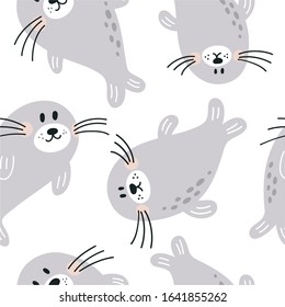 Cute seal vector illustration. Vector print ideal for baby texil and posters. Seamless pattern with cute seal