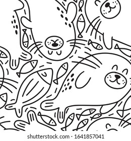 Cute seal vector illustration. Vector print ideal for baby texil and posters. Coloring page in doodle style. Seamless pattern with cute seal
