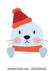 Cute seal with warm hat flat icon Funny animal element