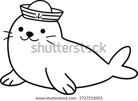 Cute seal wearing sailor hat in black and white vector isolated doodle illustration. Adorable seal clip art for coloring book, children book, sticker, asset, design