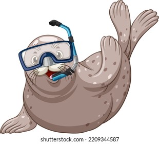 Cute Seal Wearing Snorkel Goggles On White Background Illustration