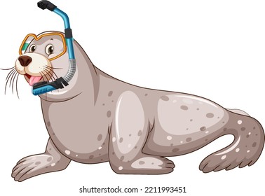 Cute Seal Wearing Snorkel Goggles On White Background Illustration