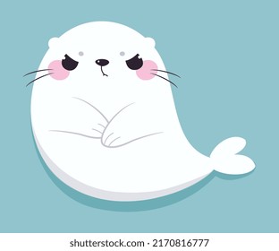 Cute Seal with White Fur Frowning Feeling Angry on Blue Background Vector Illustration